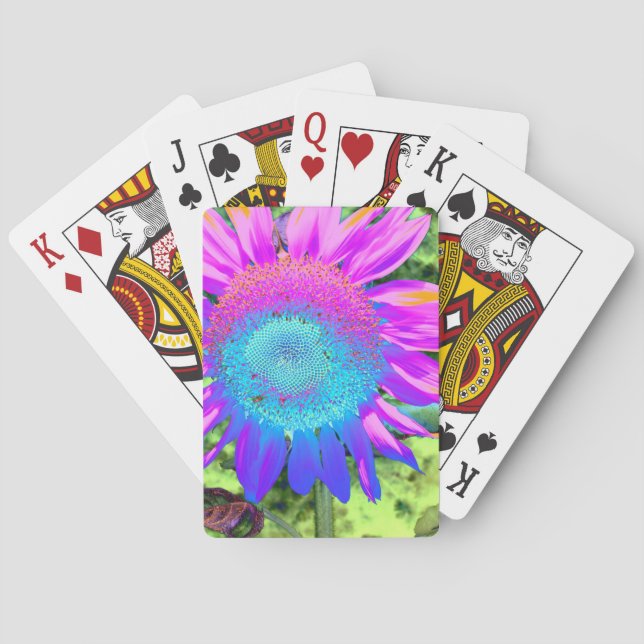 Blue pink funky retro sunflower photo poker cards (Back)