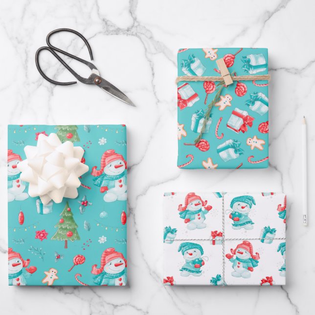 Blue Pink Funny Snowmen Pattern Kids Christmas Wrapping Paper Sheets (Front)
