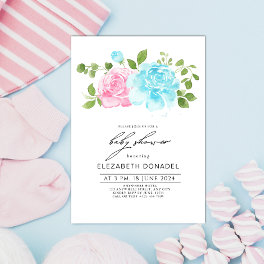 Blue Pink Gender Reveal Floral Bouquet Baby Shower Invitation