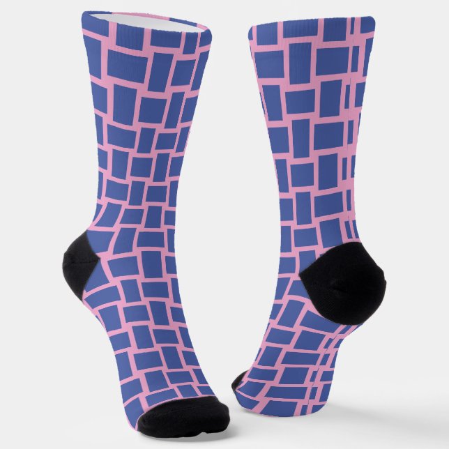 Blue Pink Geometric Grid Pattern Socks (Angled)