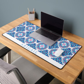 Blue pink geometric Mediterranean tile pattern     Desk Mat