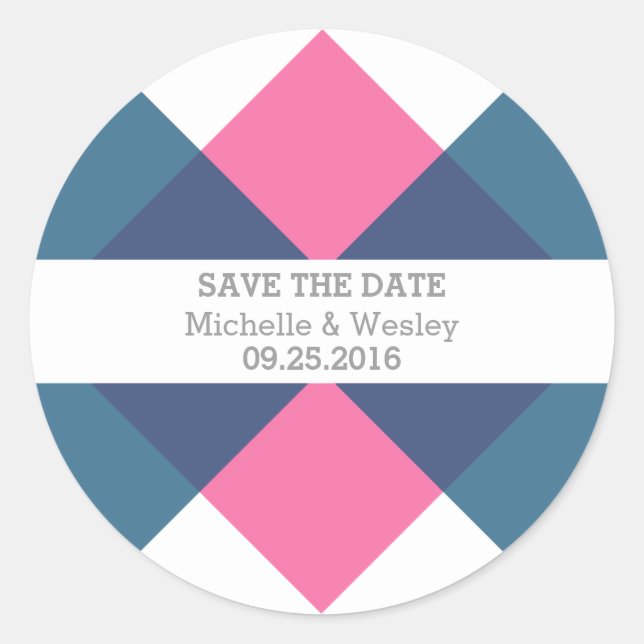 Blue Pink Geometric Triad Save the Date Stickers (Front)