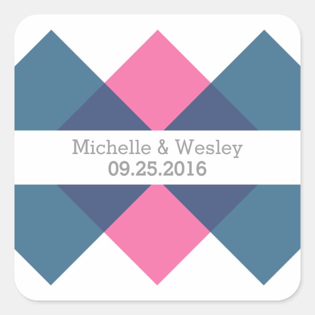 Blue Pink Geometric Triad Wedding Stickers (Front)