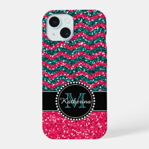 Blue & Pink Glitter Chevron Personalized Defender iPhone 15 Case