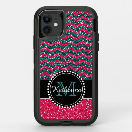 Blue  Pink Glitter Chevron Personalized Defender OtterBox Defender iPhone 11 Case