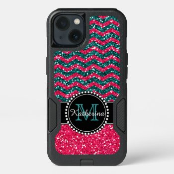 Blue & Pink Glitter Chevron Personalized Defender Iphone 13 Case by CoolestPhoneCases at Zazzle
