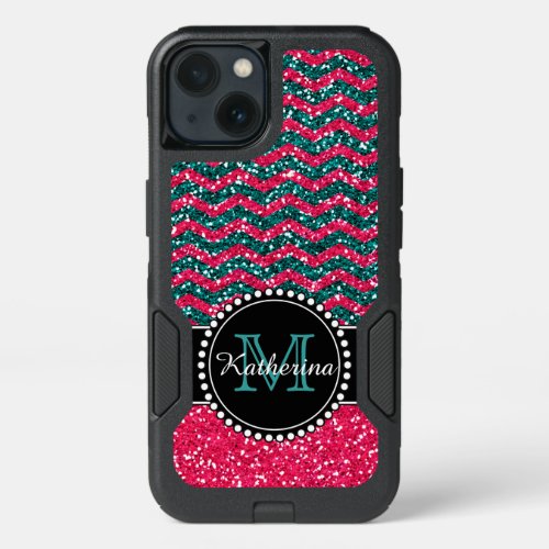 Blue  Pink Glitter Chevron Personalized Defender iPhone 13 Case