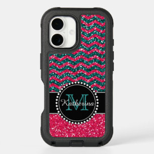 Blue & Pink Glitter Chevron Personalized Defender iPhone 16 Case