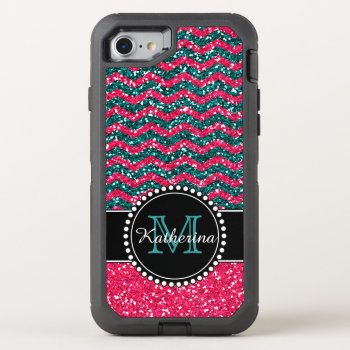 Blue & Pink Glitter Chevron Personalized Defender Otterbox Defender Iphone Se/8/7 Case by CoolestPhoneCases at Zazzle