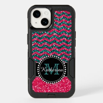 Blue & Pink Glitter Chevron Personalized Defender  Otterbox Iphone 14 Case by CoolestPhoneCases at Zazzle