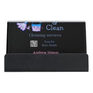 Blue pink glitter clean mop add name address q r b desk business card holder