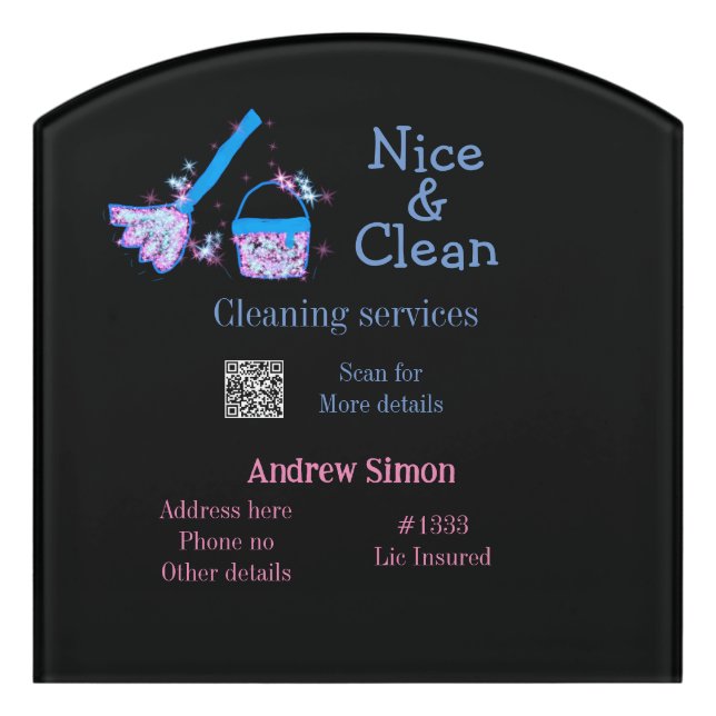 Blue pink glitter clean mop add name address q r b door sign (Contour Front)