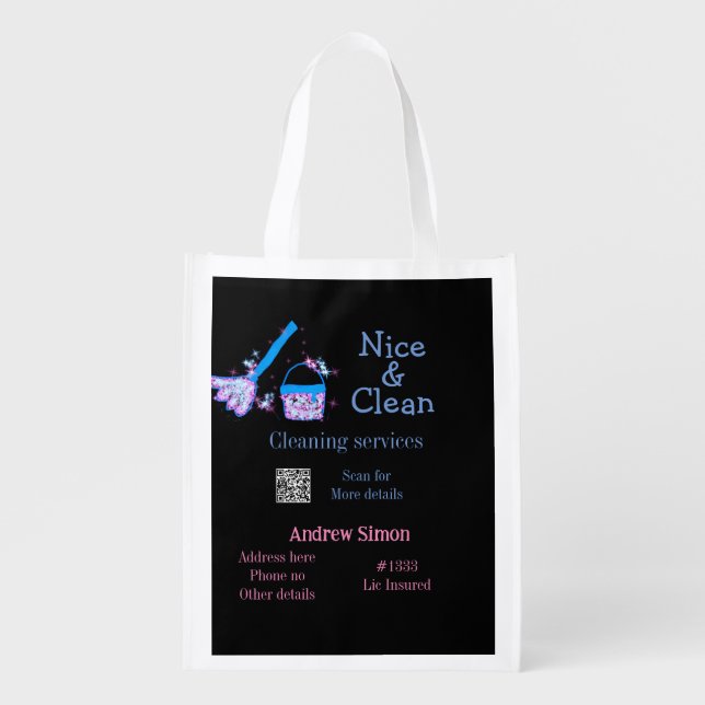 Blue pink glitter clean mop add name address q r b grocery bag (Front)