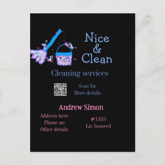 Blue pink glitter clean mop add name address q r b postcard (Front)