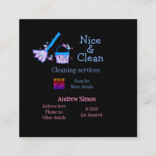 Blue pink glitter clean mop add name address q r b square business card