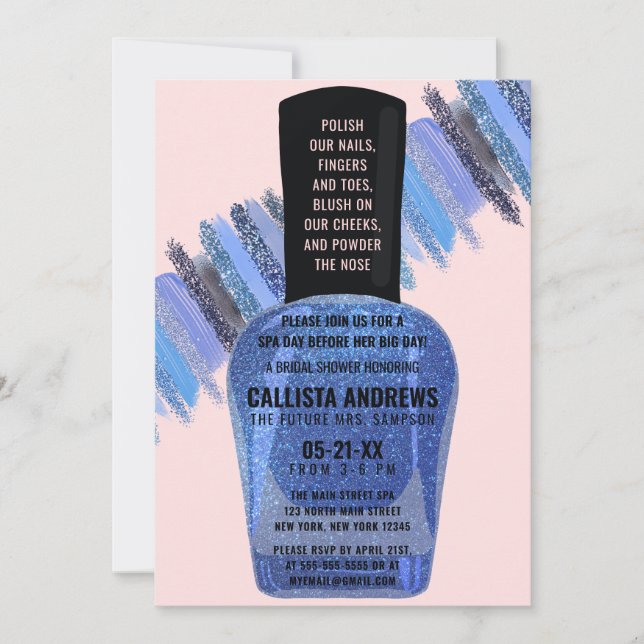 Blue Pink Glitter Nail Polish Spa Bridal Shower Invitation (Front)