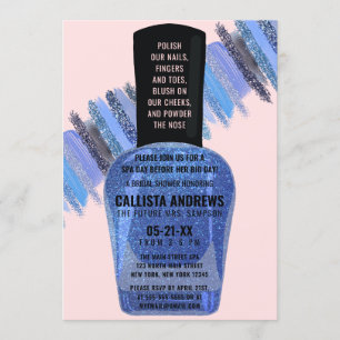Blue Pink Glitter Nail Polish Spa Bridal Shower Invitation
