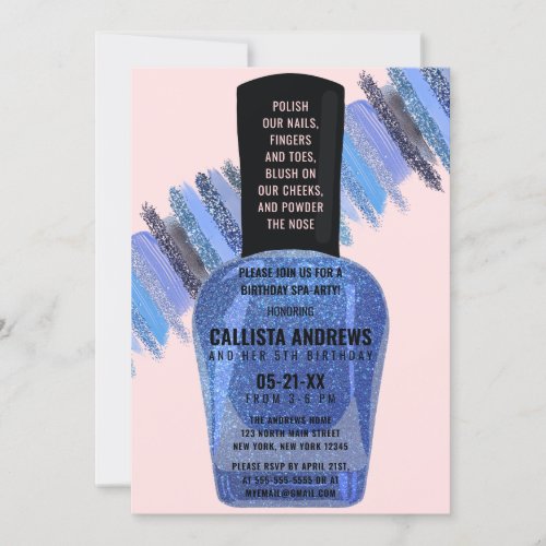 Blue Pink Glitter Nail Polish Spa Day Birthday Invitation