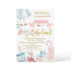 Blue Pink Gold Alice in Onederland 1st Birthday Invitation