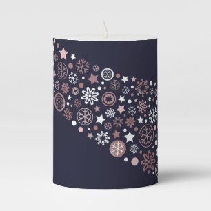 Blue, pink gold and white snowflakes winter xmas pillar candle