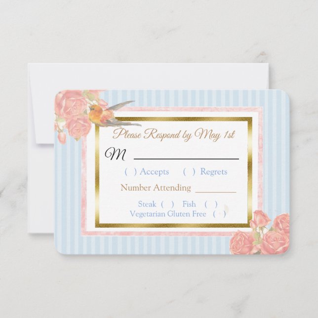 Blue PInk Gold Bird & Floral Wedding RSVP card (Front)
