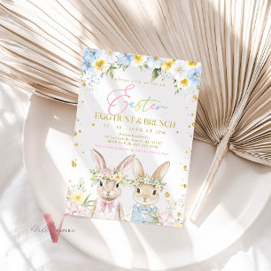 Blue Pink Gold Floral Easter Egg Hunt & Brunch  Invitation