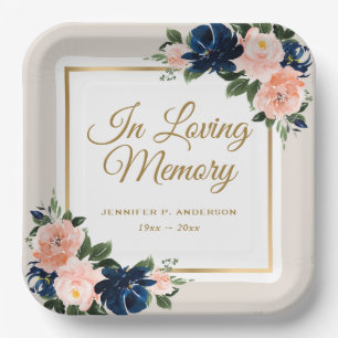 Blue Pink Gold Floral Memorial Funeral Paper Plates
