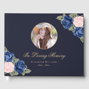 Blue Pink Gold Floral Memorial Funeral Photo Guest Book