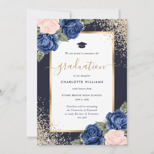 Blue Pink Gold Floral Modern Graduation Announcement