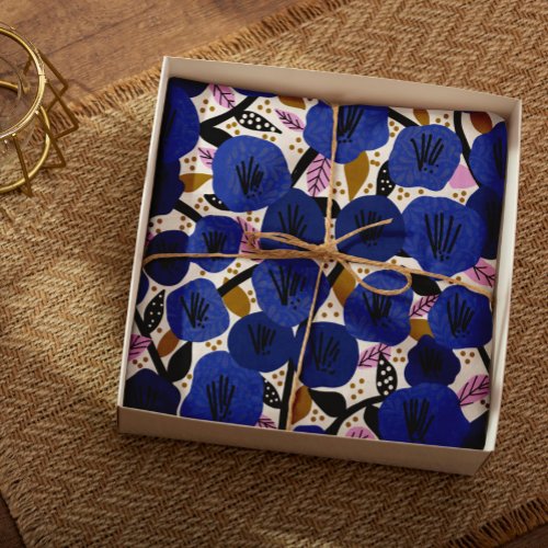 Blue Pink Gold Floral Pattern Tissue Paper