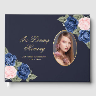 Blue Pink Gold Floral Photo Memorial Funeral Guest Book