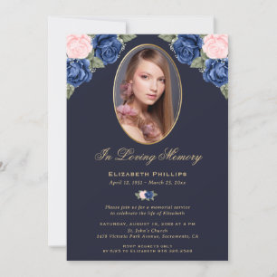 Blue Pink Gold Floral Photo Memorial Funeral Invitation