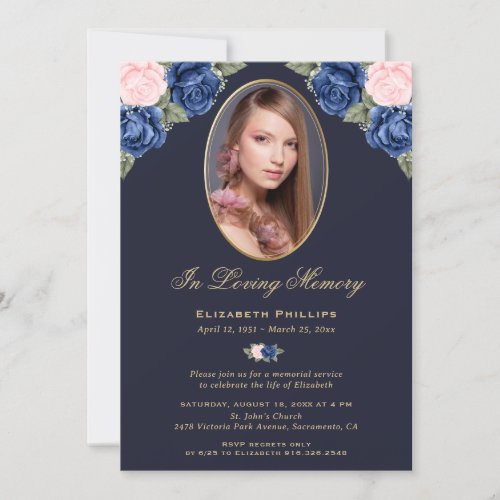 Blue Pink Gold Floral Photo Memorial Funeral Invitation