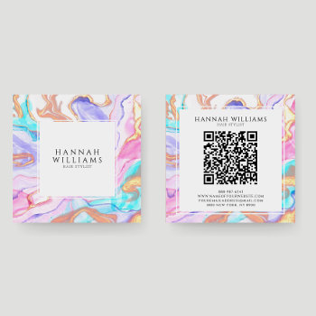 Blue Pink Gold Glitter Qr Code Hair Stylist Square Business Card by marshopART at Zazzle