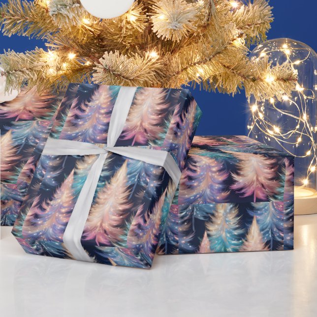 Blue Pink Gold Light Trees Modern Christmas Wrapping Paper (Holidays)