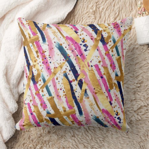 Blue Pink Gold Paint Stripes Abstract Pattern Throw Pillow