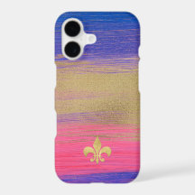 Blue, PInk, Gold Painted Canvas with Fleur de lis