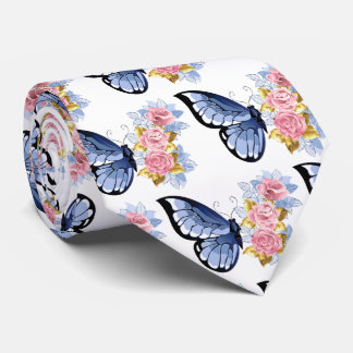 Blue Pink Gold Rose Butterfly Pattern Neck Tie