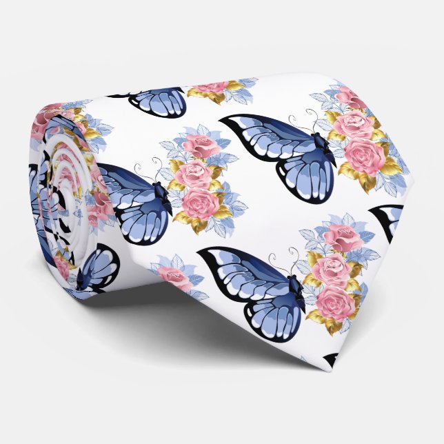 Blue Pink Gold Rose Butterfly Pattern Neck Tie (Rolled)