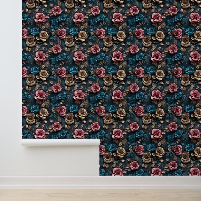 Blue Pink Gold Roses Floral Wallpaper (Application)