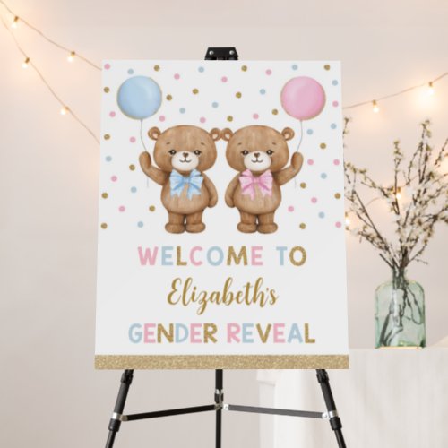 Blue Pink Gold Teddy Bear Gender Reveal Welcome Foam Board
