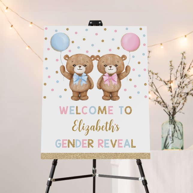 Blue Pink Gold Teddy Bear Gender Reveal Welcome Foam Board (In Situ (Stand))