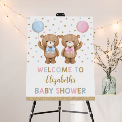Blue Pink Gold Teddy Bear Twin Baby Shower Welcome Foam Board