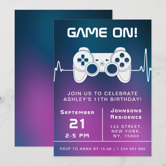 Blue Pink Gradient Video Gamer Gaming Kid Birthday Invitation (Front/Back)