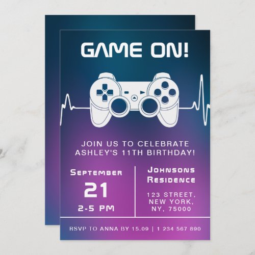 Blue Pink Gradient Video Gamer Gaming Kid Birthday Invitation
