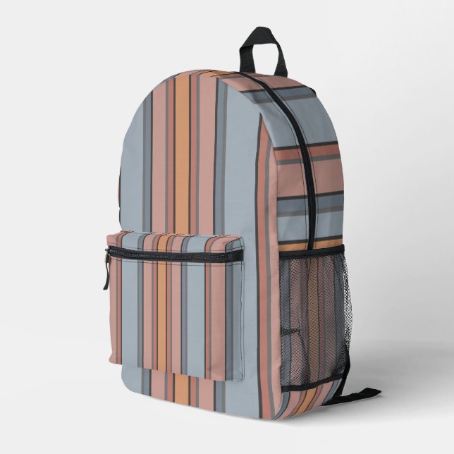 Blue Pink Gray Color Block Vertical Stripes  Printed Backpack (Back Corner Right)