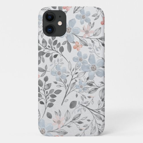 Blue Pink Gray Floral Botanical Flowers Leaves  iPhone 11 Case