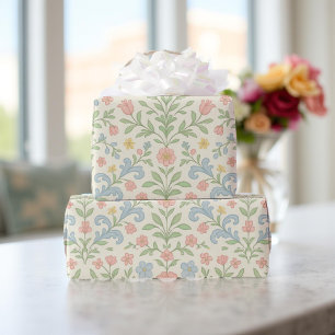 Blue Pink Green Floral Classic Grandmillennial  Wrapping Paper