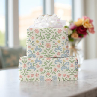 Blue Pink Green Floral Classic Grandmillennial Wrapping Paper