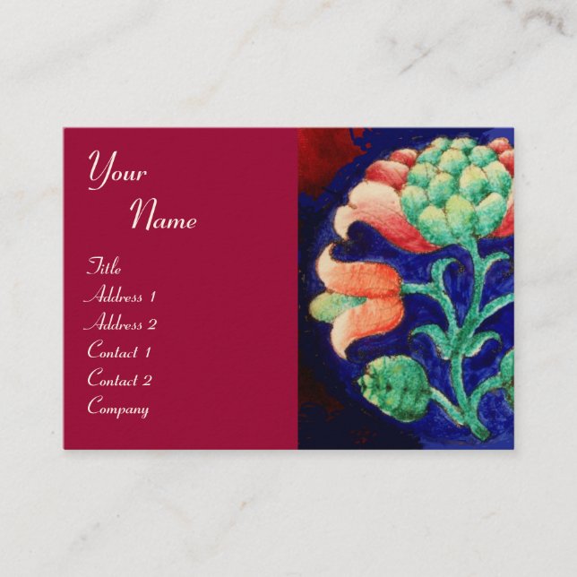 BLUE PINK GREEN FLORAL Fantasy Flower Cherry Red Business Card (Front)